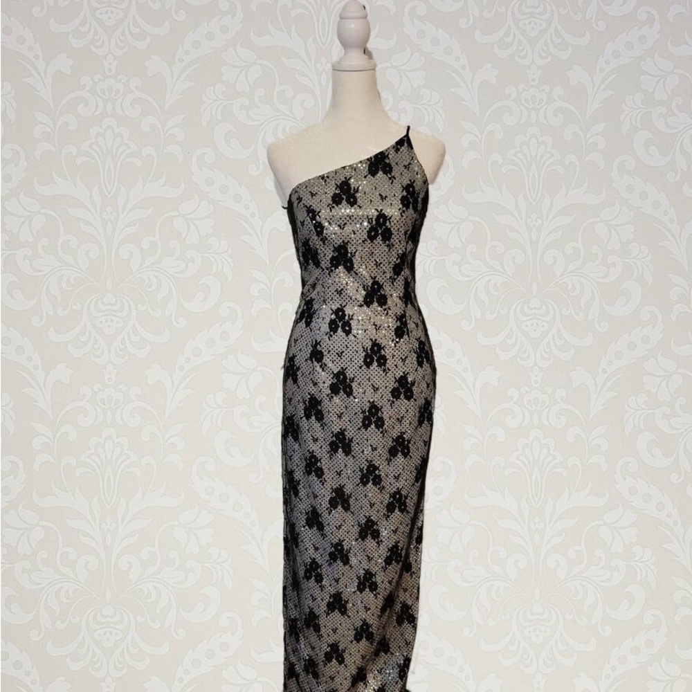 Roberta Bridal One-Shoulder Black & Cream Lace Gown
